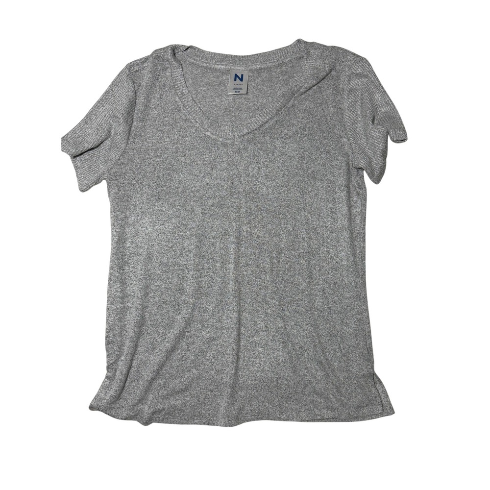 Natori Womens V-Neck Short Sleeve Knit Top Heather Grey Size Medium
